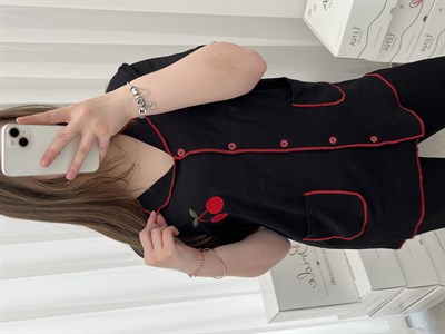 Siyah Kiraz İşlemeli Bürümcük Pijama Takımı