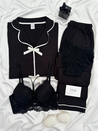 Siyah Önden Fiyonk 4lü Pijama Takımı