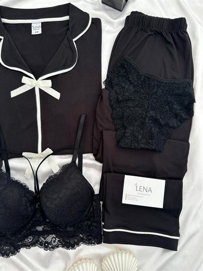 Siyah Önden Fiyonk 4lü Pijama Takımı