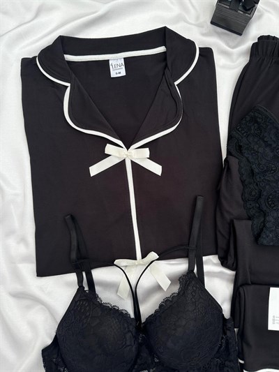 Siyah Önden Fiyonk 4lü Pijama Takımı