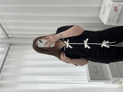 Siyah Önden Fiyonk Pijama Takımı 