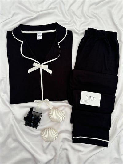 Siyah Önden Fiyonk Pijama Takımı 