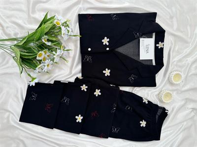 Siyah Papatya Desenli Düğmeli Termosoft Pijama Takımı