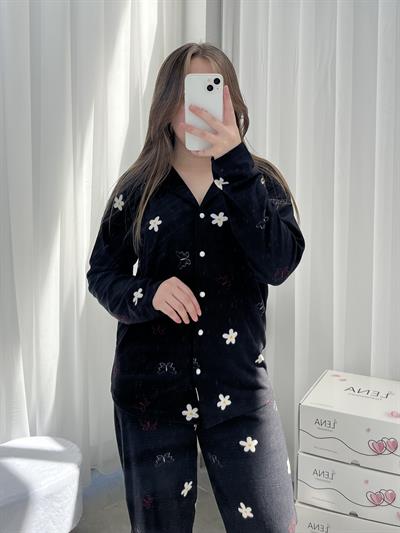 Siyah Papatya Desenli Düğmeli Termosoft Pijama Takımı