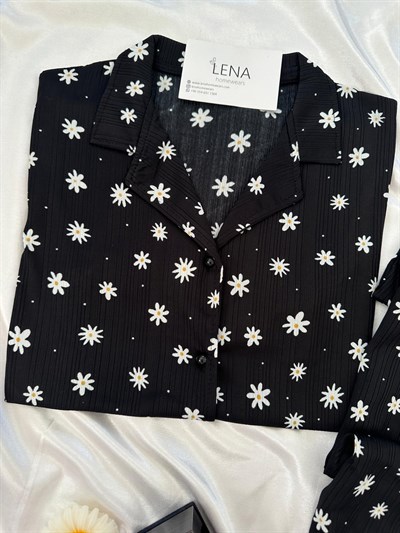 Siyah Papatya Desenli kaşkorse Pijama Takımı