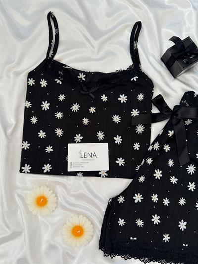 Siyah Papatya Şortlu Pijama Takımı