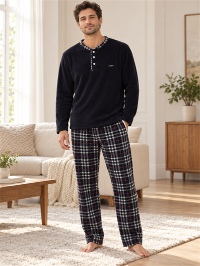 Siyah Polar Erkek Uzun kollu Pijama Takımı