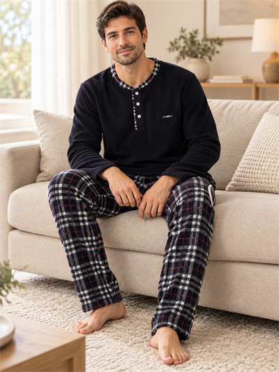 Siyah Polar Erkek Uzun kollu Pijama Takımı