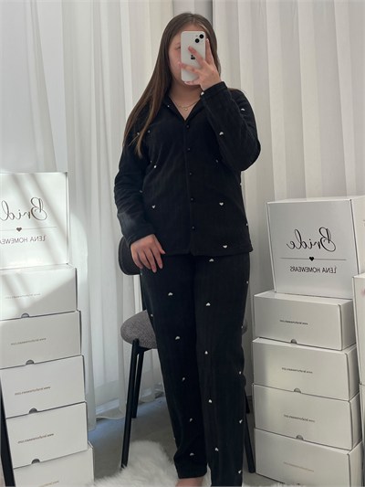 Siyah Pretty Uzun Kollu Polar Pijama Takımı