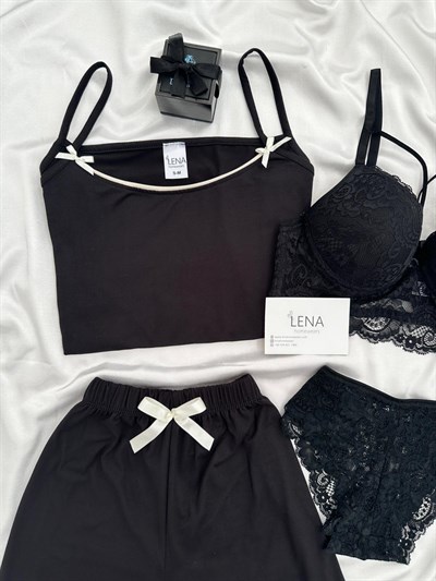 Siyah Fiyonk Detaylı Dörtlü Şortlu Pijama Takımı