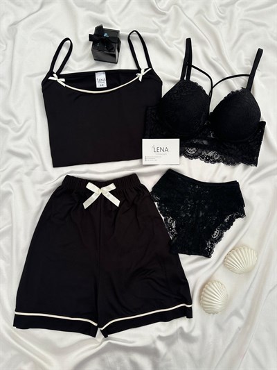 Siyah Fiyonk Detaylı Dörtlü Şortlu Pijama Takımı