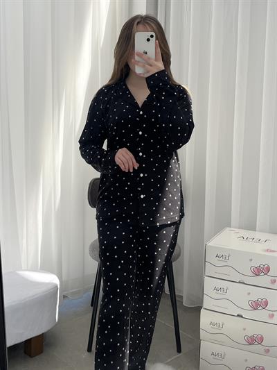 Siyah Yıldız Desenli Düğmeli Termosoft Pijama Takımı