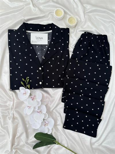 Siyah Yıldız Desenli Düğmeli Termosoft Pijama Takımı
