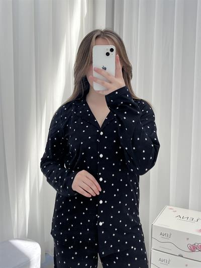 Siyah Yıldız Desenli Düğmeli Termosoft Pijama Takımı