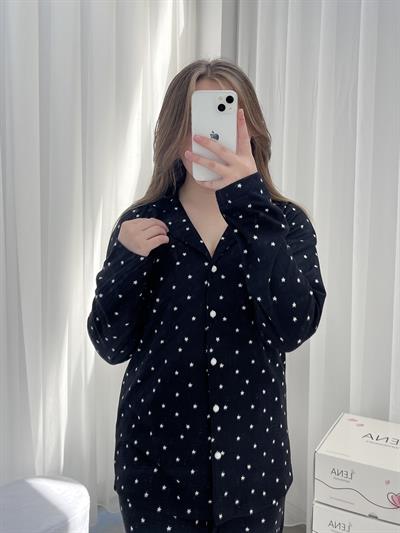 Siyah Yıldız Desenli Düğmeli Termosoft Pijama Takımı