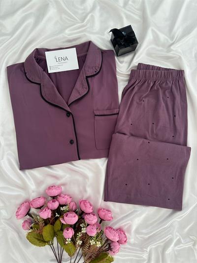 Siyah Yıldız Desenli Lila Milan Pijama Takımı