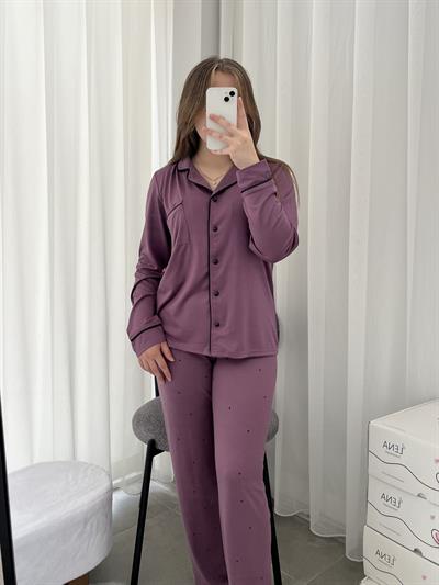 Siyah Yıldız Desenli Lila Milan Pijama Takımı