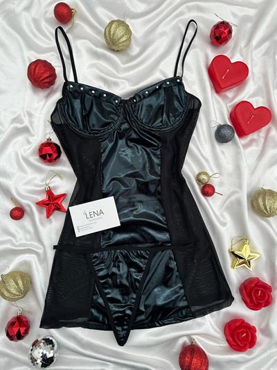 Siyah Zımba Deri Gecelik Takımı