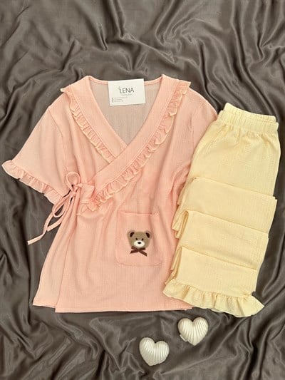 Somon Ayıcık İşlemeli Bürümcük Sabahlık Pijama Takımı