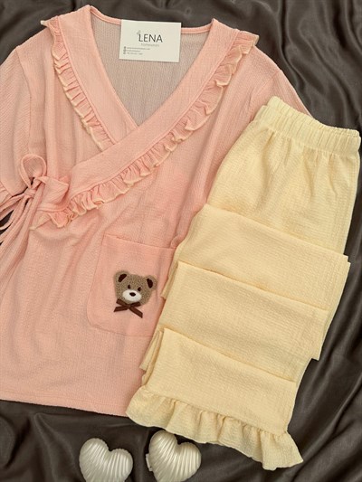 Somon Ayıcık İşlemeli Bürümcük Sabahlık Pijama Takımı