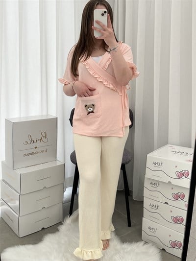 Somon Ayıcık İşlemeli Bürümcük Sabahlık Pijama Takımı