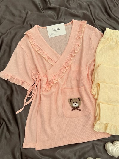 Somon Ayıcık İşlemeli Bürümcük Sabahlık Pijama Takımı