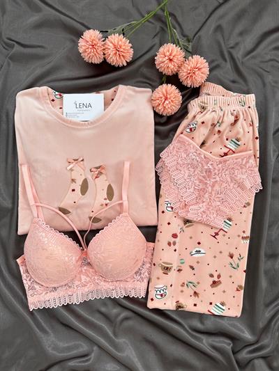 Somon Fransız Kadifesi Dörtlü Pijama Seti