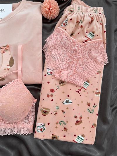 Somon Fransız Kadifesi Dörtlü Pijama Seti