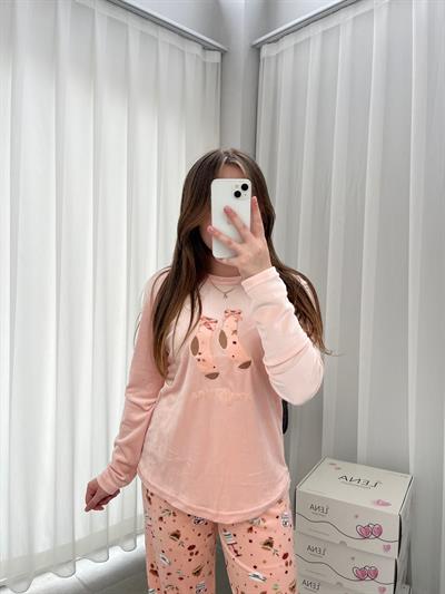 Somon Fransız Kadifesi Dörtlü Pijama Seti