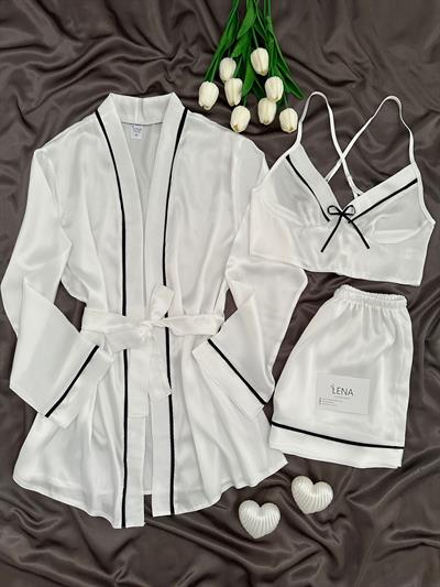 Timeless White Şortlu Sabahlıklı 3lü Premium Takım