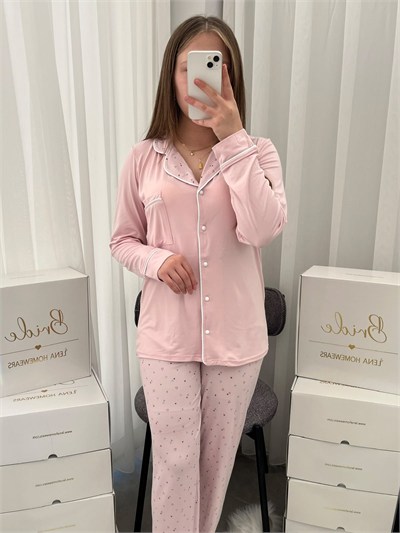 Üçgen Desenli Pembe Milan Uzun Kollu 4lü Pijama Takımı