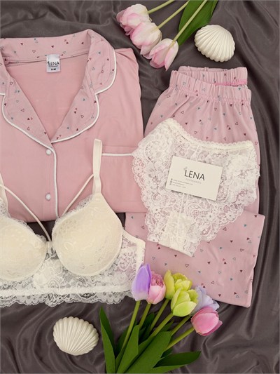 Üçgen Desenli Pembe Milan Uzun Kollu 4lü Pijama Takımı