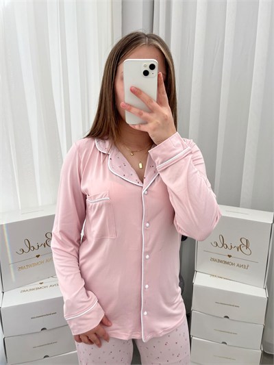 Üçgen Desenli Pembe Milan Uzun Kollu 4lü Pijama Takımı