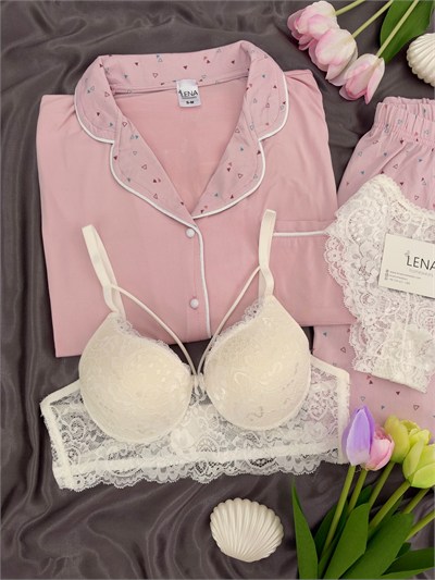 Üçgen Desenli Pembe Milan Uzun Kollu 4lü Pijama Takımı