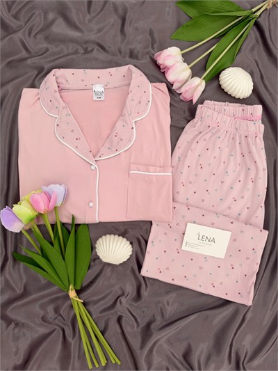 Üçgen Desenli Pembe Milan Uzun Kollu Pijama Takımı