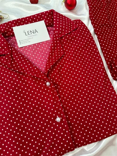 Kırmızı Benek Desenli Süet Pijama Takımı