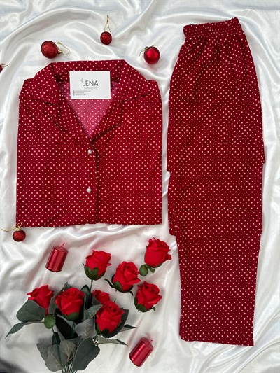 Kırmızı Benek Desenli Süet Pijama Takımı