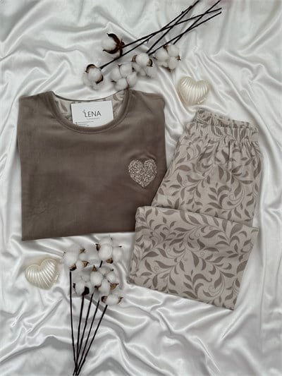 Vizon Yaprak İşlemeli Fransız Kadife Pijama Takımı