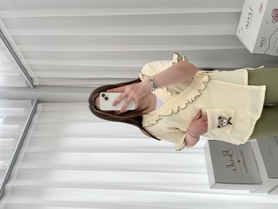 Yeşil Ayıcık İşlemeli Bürümcük Sabahlık Pijama Takımı