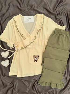 Yeşil Ayıcık İşlemeli Bürümcük Sabahlık Pijama Takımı