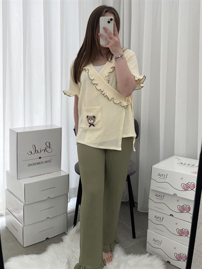 Yeşil Ayıcık İşlemeli Bürümcük Sabahlık Pijama Takımı