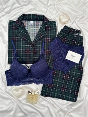 Yeşil Ekose Desenli 4lü Termosoft Pijama Takımı