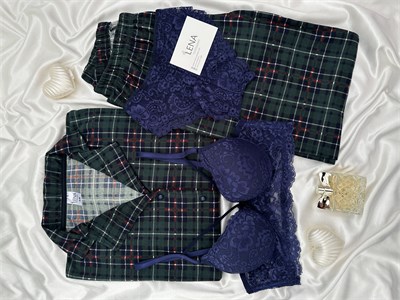 Yeşil Ekose Desenli 4lü Termosoft Pijama Takımı