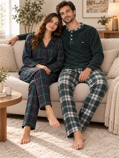 Yeşil Ekose Günlük Rahat Sevgili Çift Uzun Kollu Pijama Takımı (2li Set)
