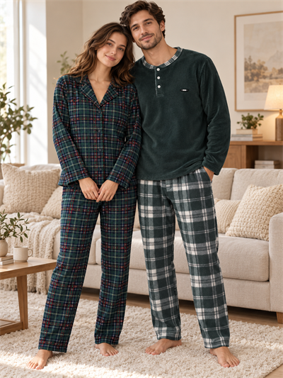 Yeşil Ekose Günlük Rahat Sevgili Çift Uzun Kollu Pijama Takımı (2li Set)