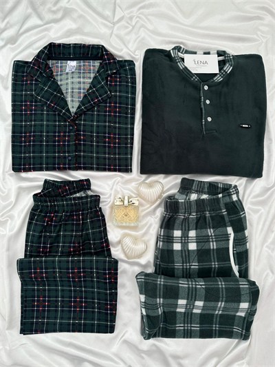 Yeşil Ekose Günlük Rahat Sevgili Çift Uzun Kollu Pijama Takımı (2li Set)