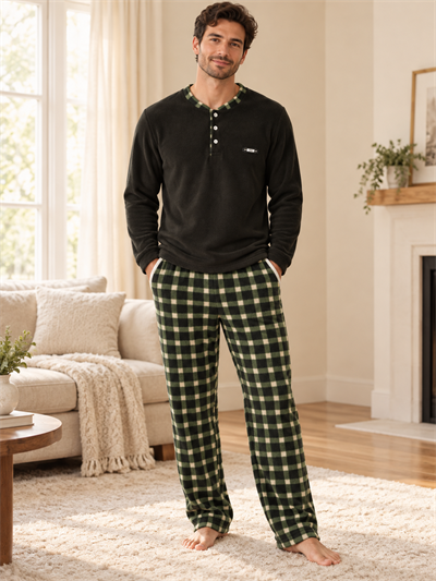 Yeşil Polar Erkek Uzun kollu Pijama Takımı