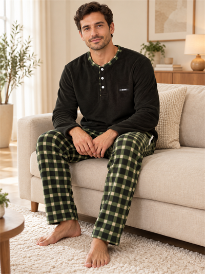 Yeşil Polar Erkek Uzun kollu Pijama Takımı