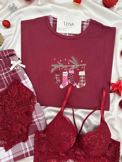 Yılbaşı Baskılı Ekoseli Dörtlü Takım