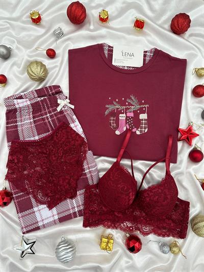 Yılbaşı Baskılı Ekoseli Dörtlü Takım